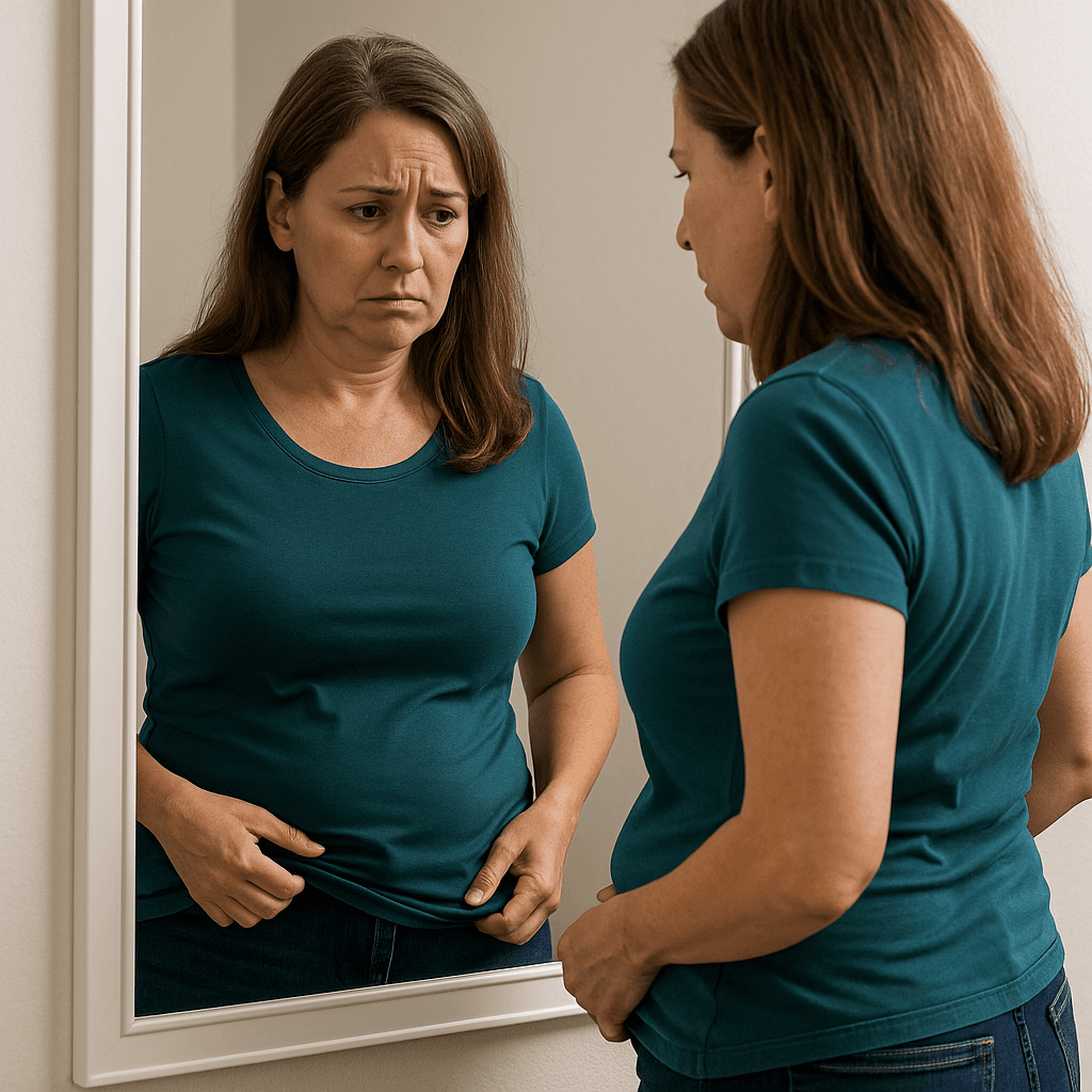 Woman looking worried in mirror - avoiding her reflection, clothes that don't fit