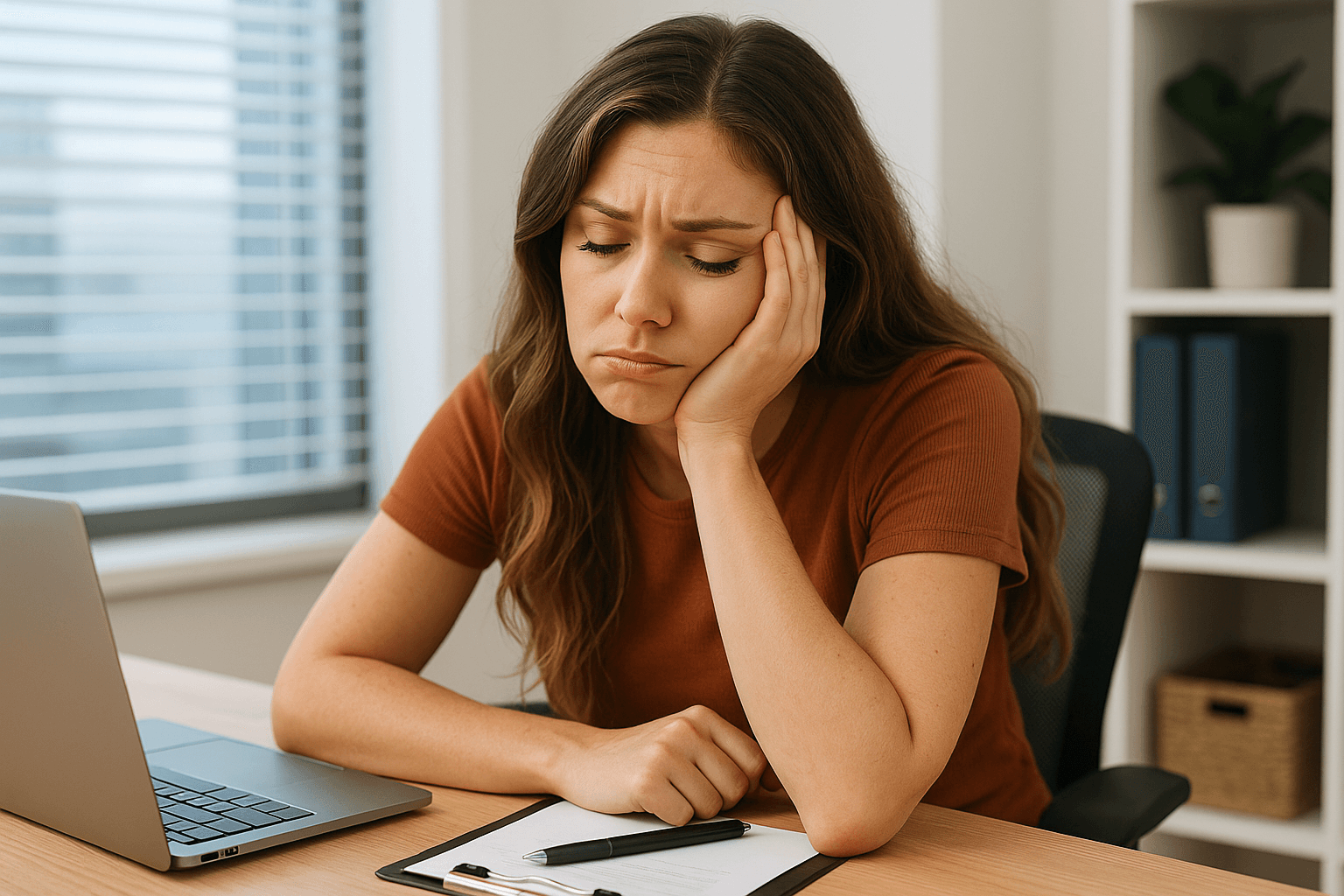 Tired woman at desk in afternoon - 3pm energy slump